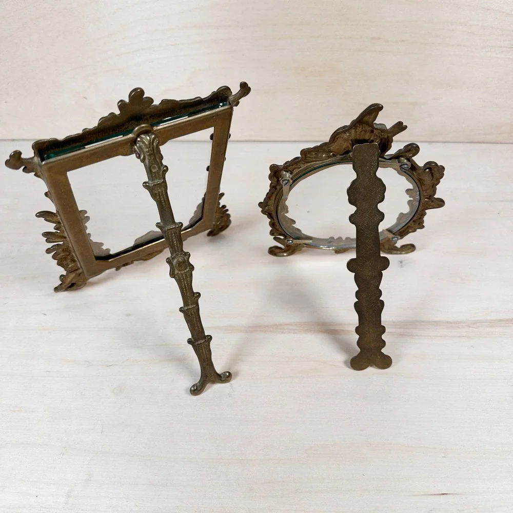 Vintage Brass Rococo Easel Picture Frames Pair Ornate 4x6 & Oval Set